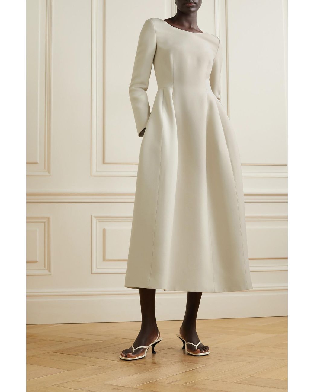 The Row White Logo Collar Wool Silk Blend Mid-Length Dress