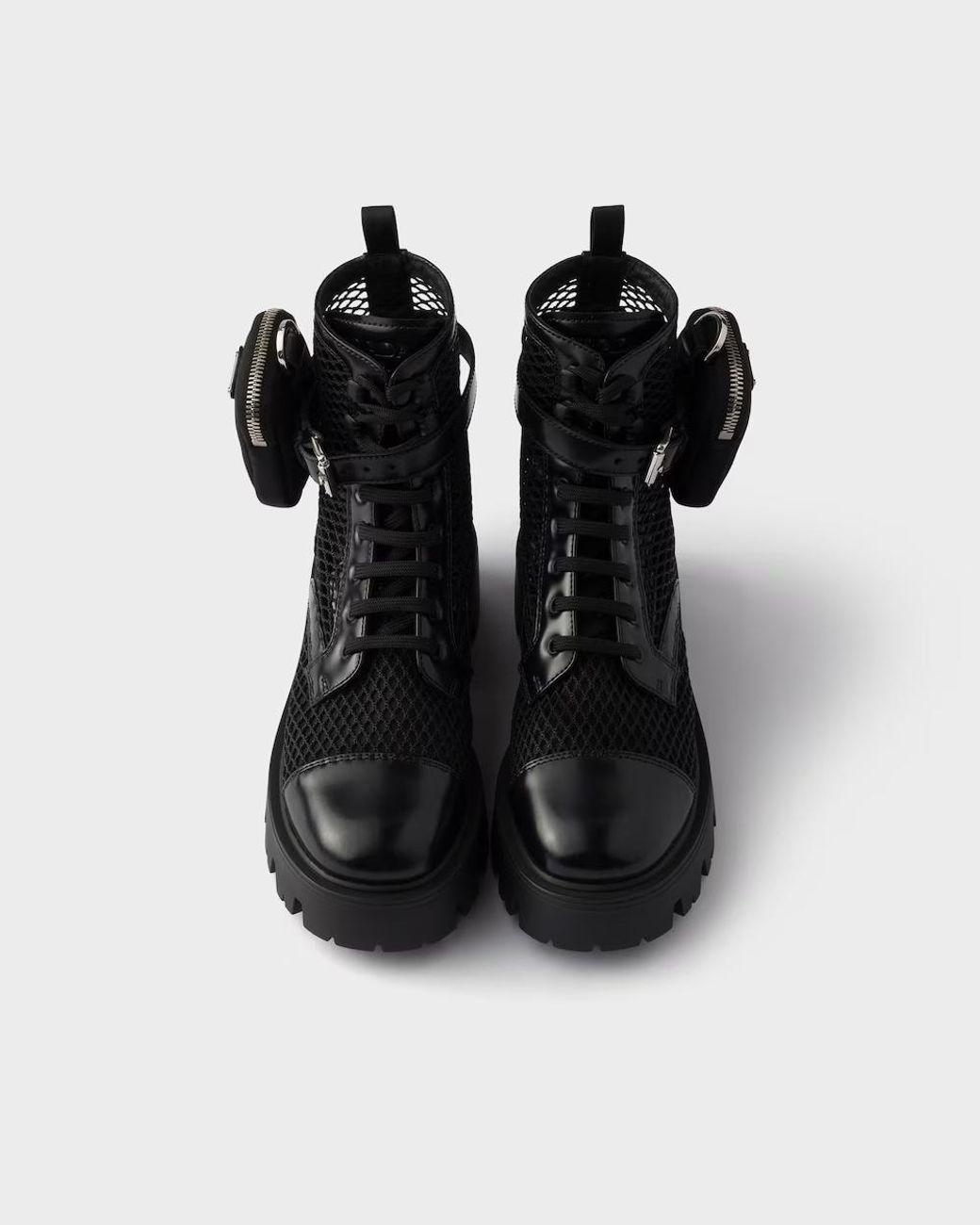 Prada Black Mesh Fabric And Brushed Leather Booties With Pouch