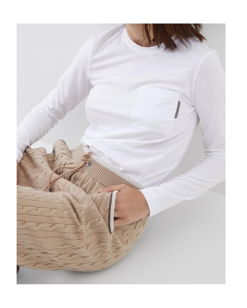 Brunello Cucinelli White One Pocket Crew Neck Top