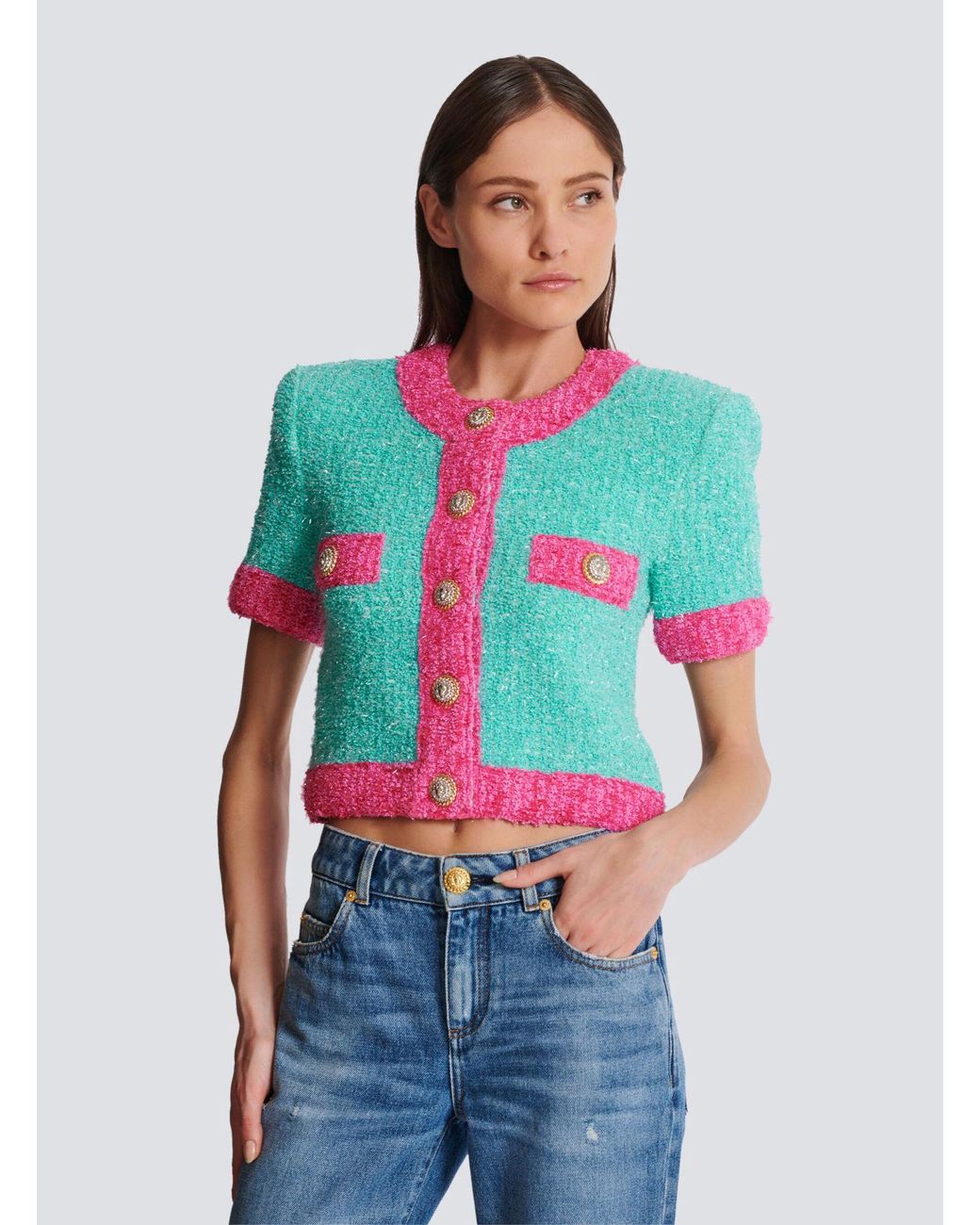 Balmain Pink Two-Tone Cropped Knit Cardigan