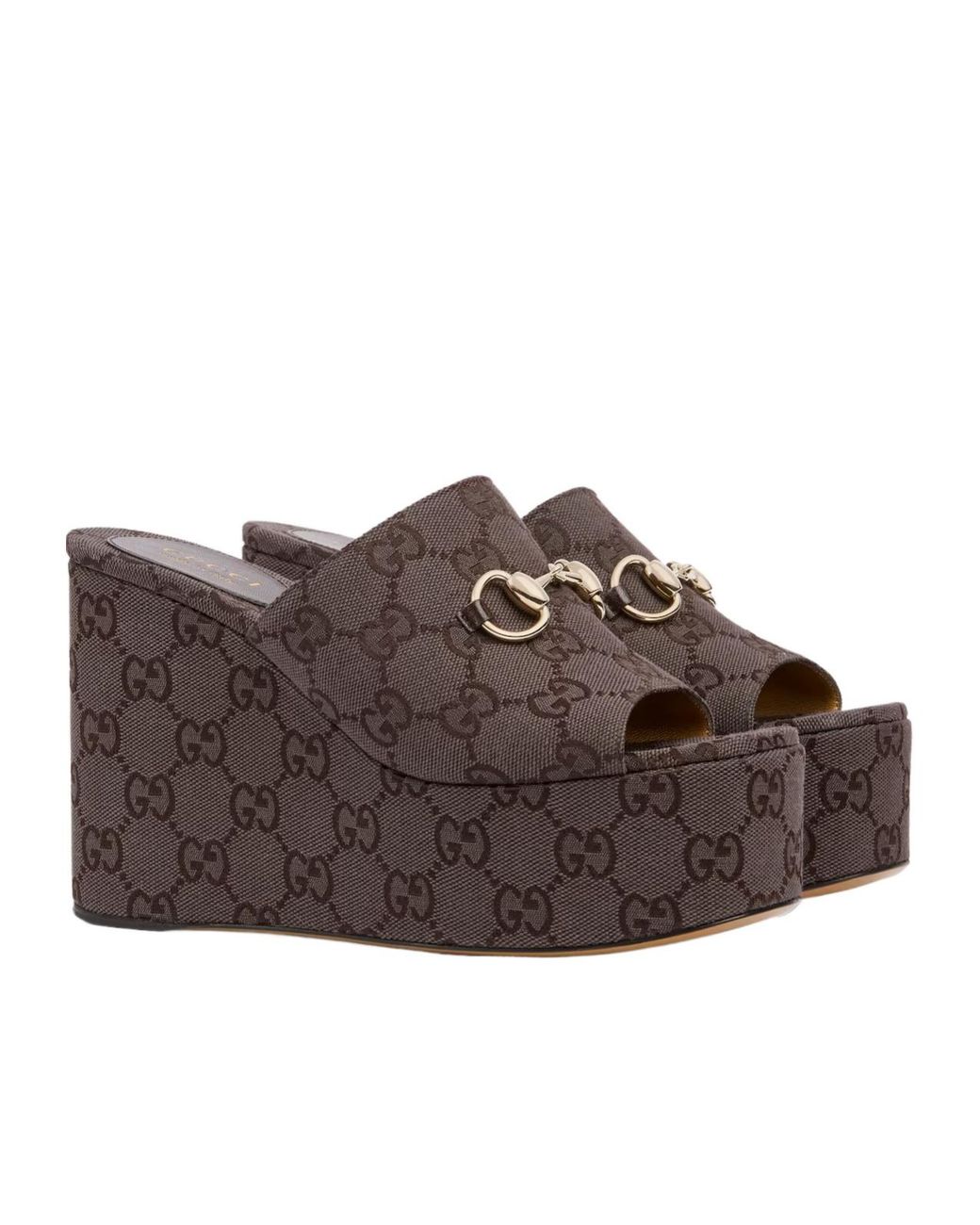 Gucci Brown Horsebit Wedge Sandals
