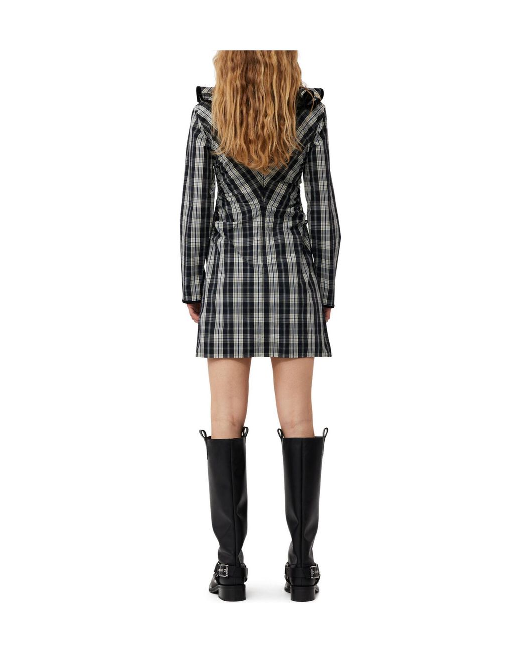 Ganni Black Checkered Cotton Ruffle V-Neck Mini Dress