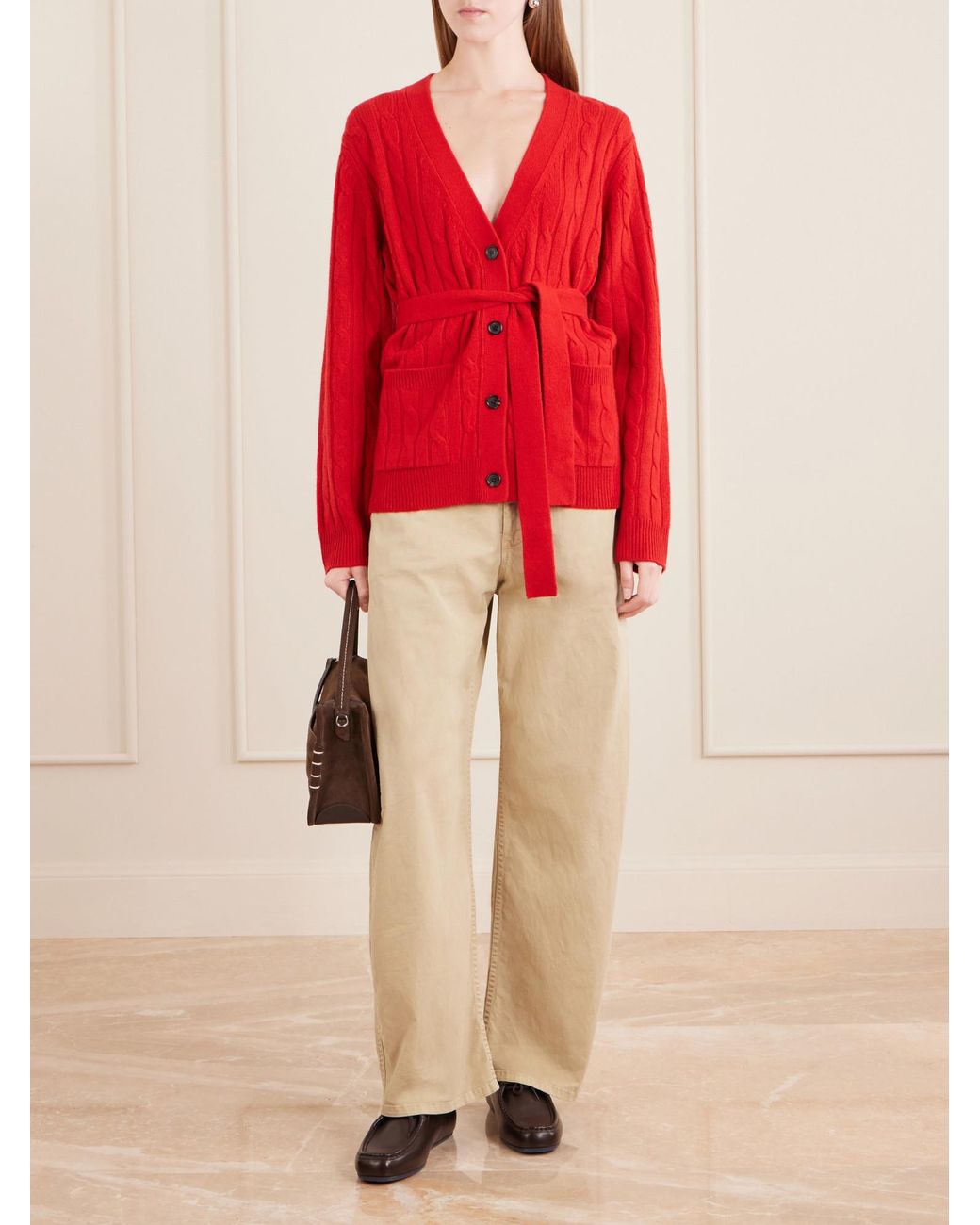 Nili Lotan Red Belted Cable-Knit Cashmere Cardigan