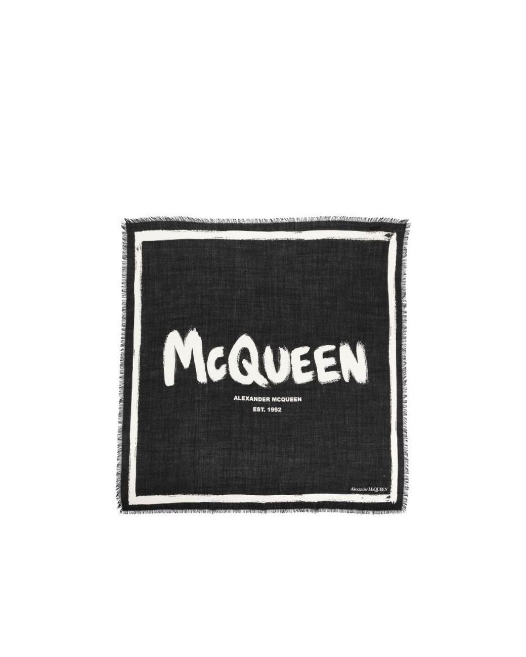 McQueen Black Graffiti-Printed Frayed Edge Scarf