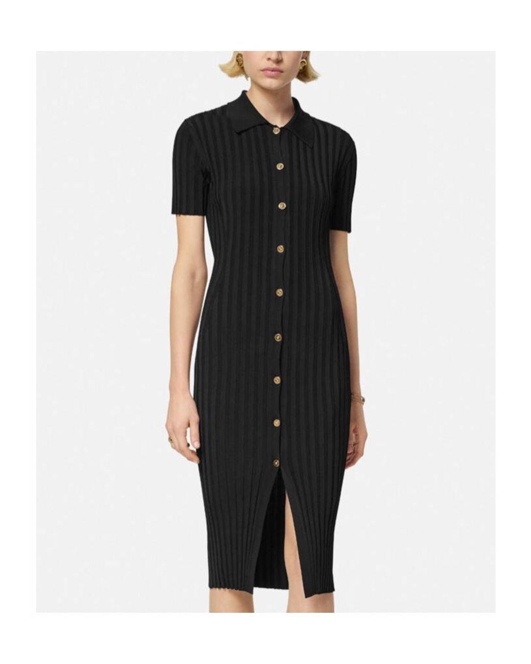 Versace Black Short-Sleeved Knitted Midi Shirt Dress