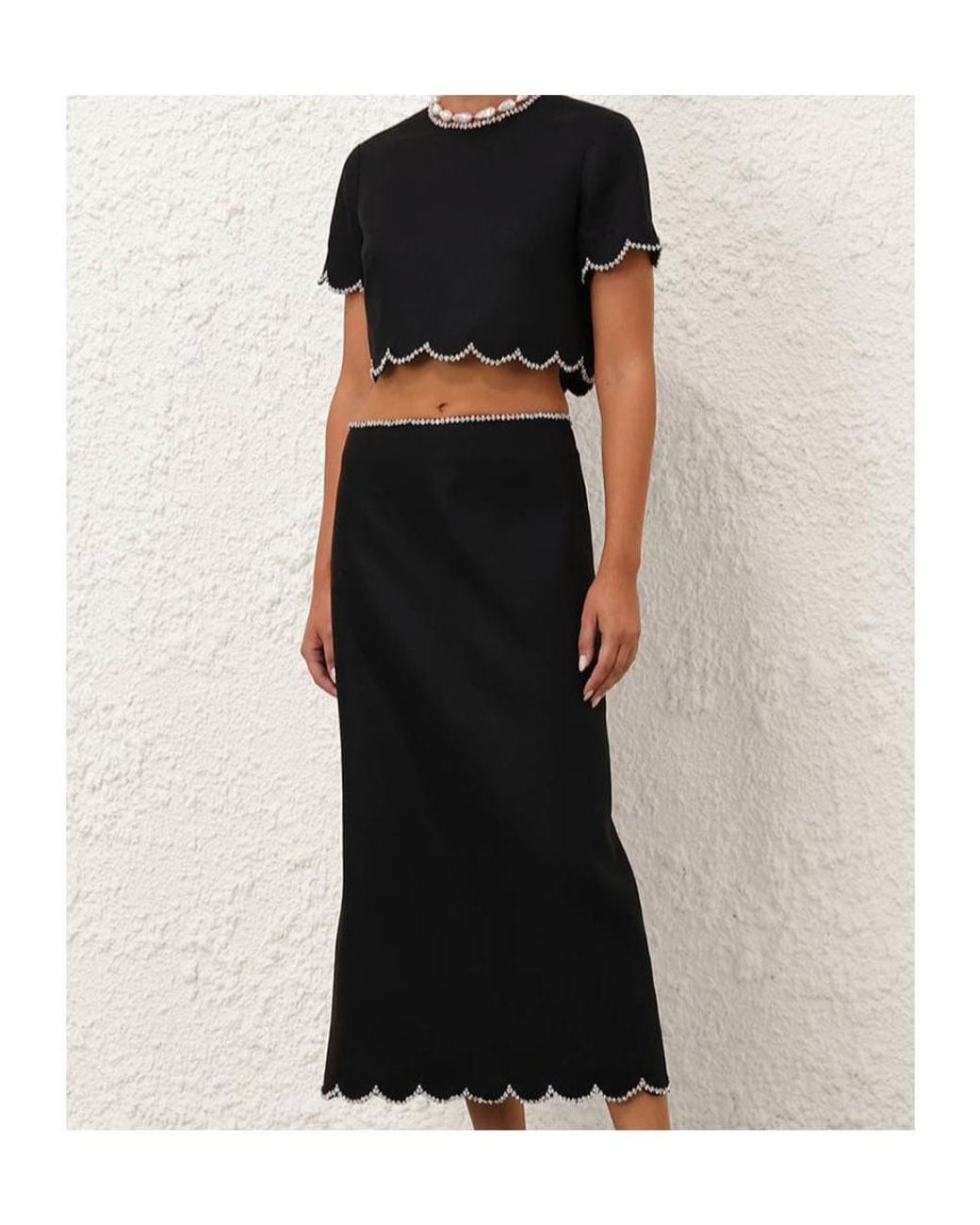 Zimmermann Black Crush Scalloped Midi Skirt
