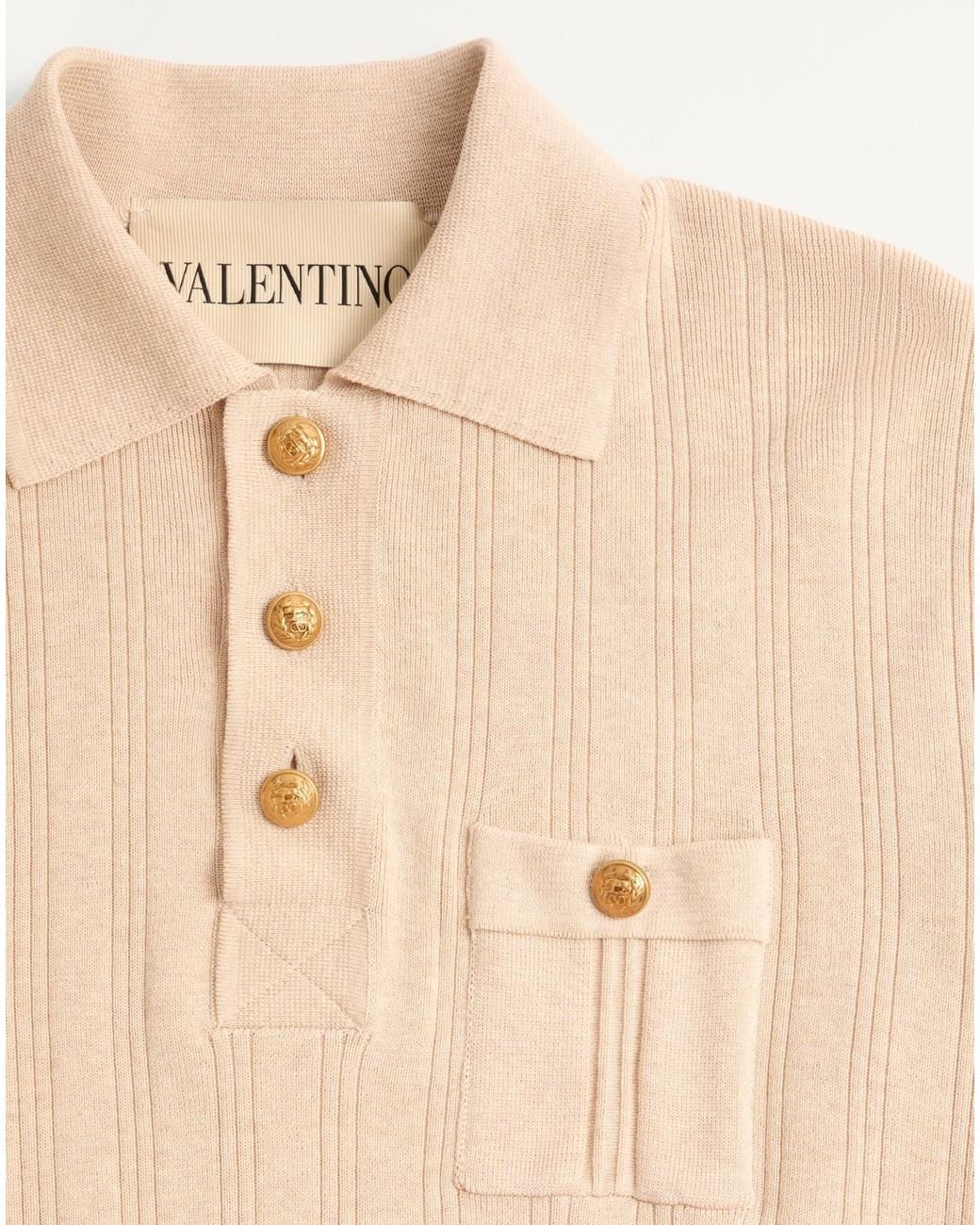 Valentino Natural Button Detailed Long-Sleeved Ribbed Polo Shirt for men