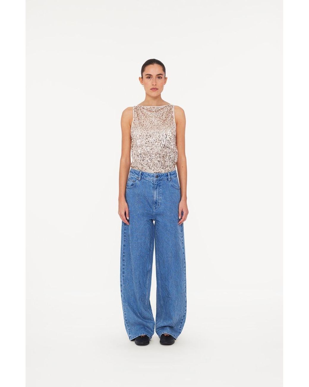 ROTATE BIRGER CHRISTENSEN Blue Rhinestone-Embellished Wide-Leg Jeans