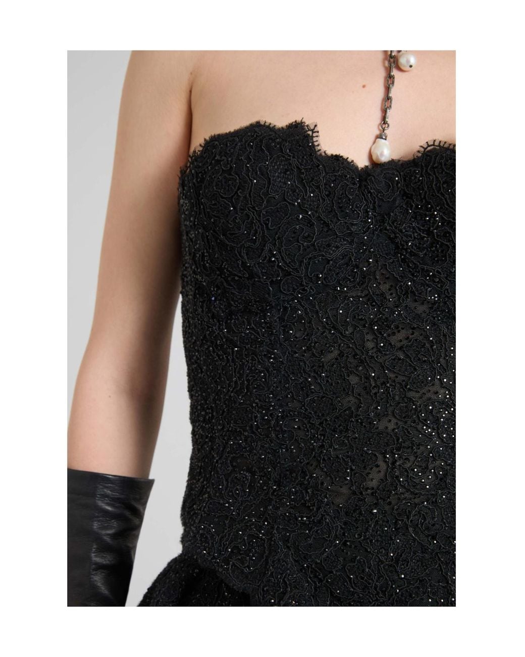 Ermanno Scervino Black Rebrode Lace Bustier With Tone-On-Tone Crystals And V-Shaped Hem