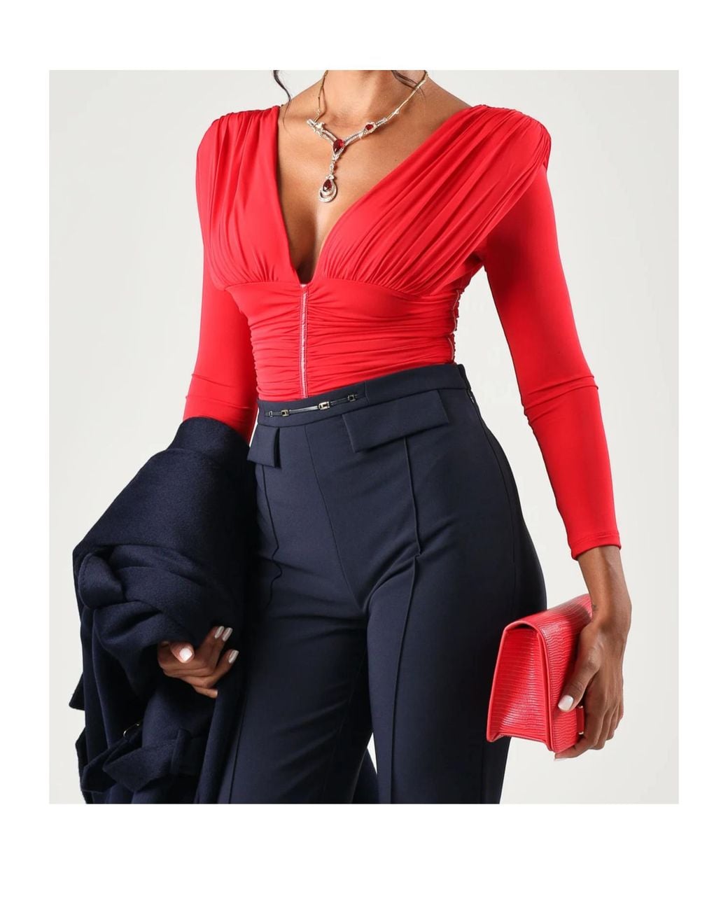 Elisabetta Franchi Red Ruched Zip Bodysuit