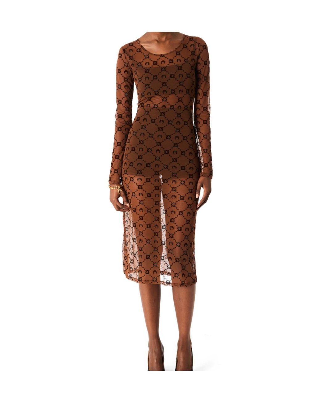 MARINE SERRE Brown Moonogram Mesh Flock Long Sleeves Midi Crewneck Dress