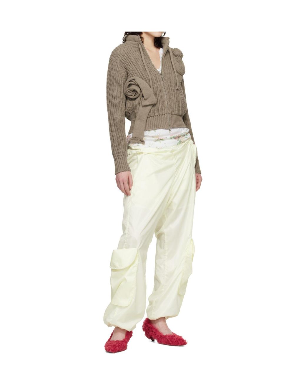 OPEN YY Natural Appliqué Knitted Zip-Up Sweater