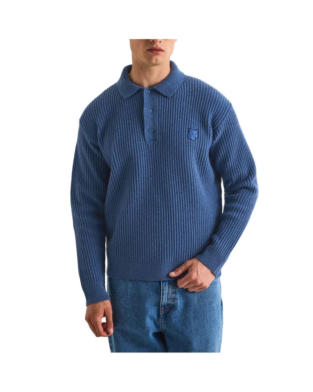 Maison Kitsuné Blue Knitted Long Sleeve Polo Shirt for men