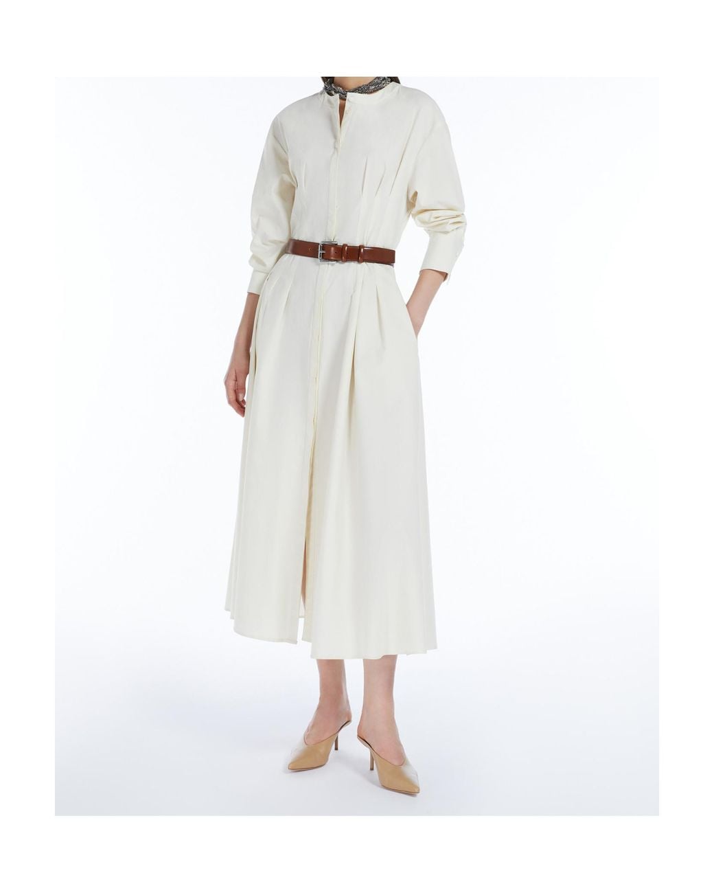 Max Mara White Studio Belted Crewneck Long-Sleeved Dress