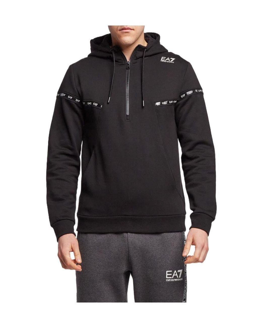 EA7 Black Half-Zip Logo Hooded Sweatshirt for men