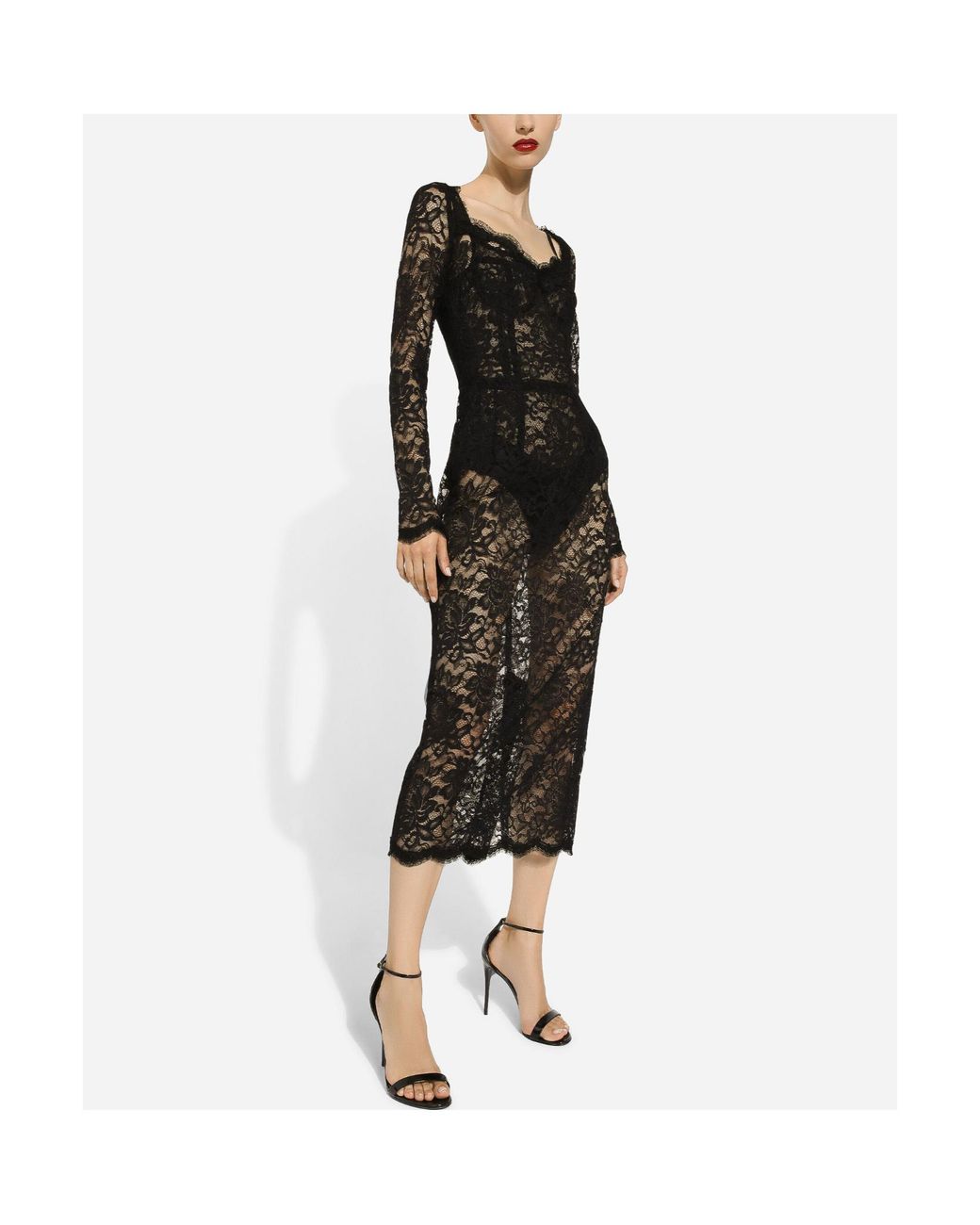 Dolce & Gabbana Black Semi-Sheer Lace Midi Dress
