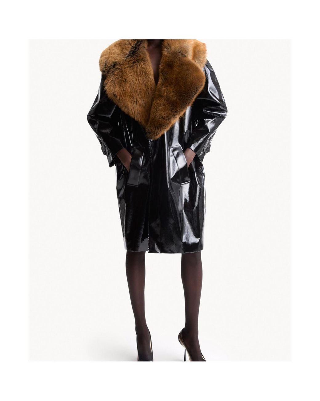 Saint Laurent Black Glossy Shearling-Collar Coat