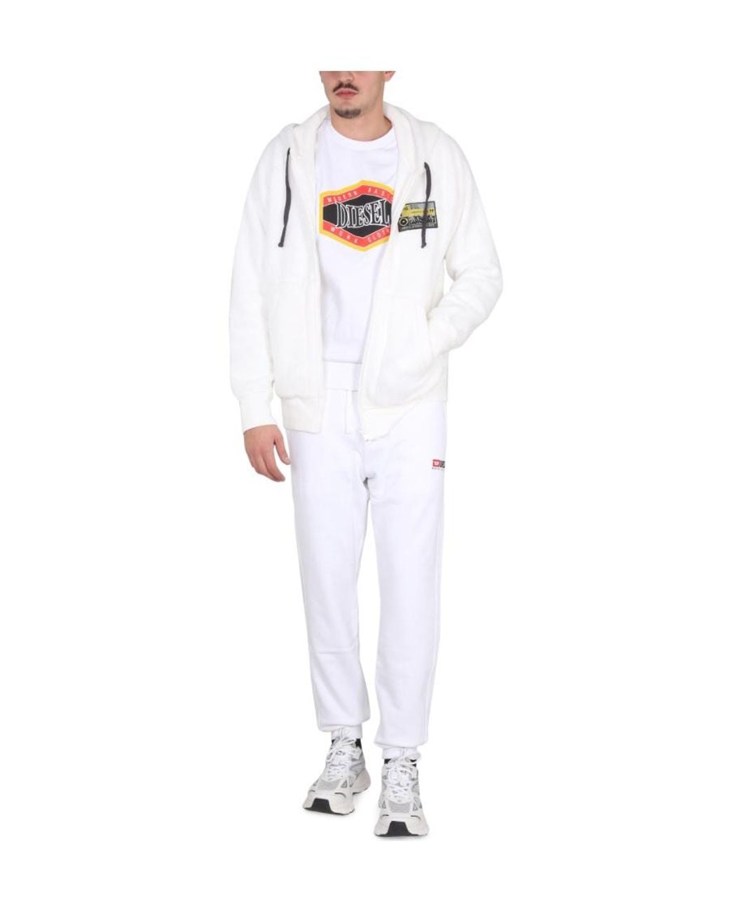 DIESEL White Logo Patch Drawstring Shearling Hoodie for men