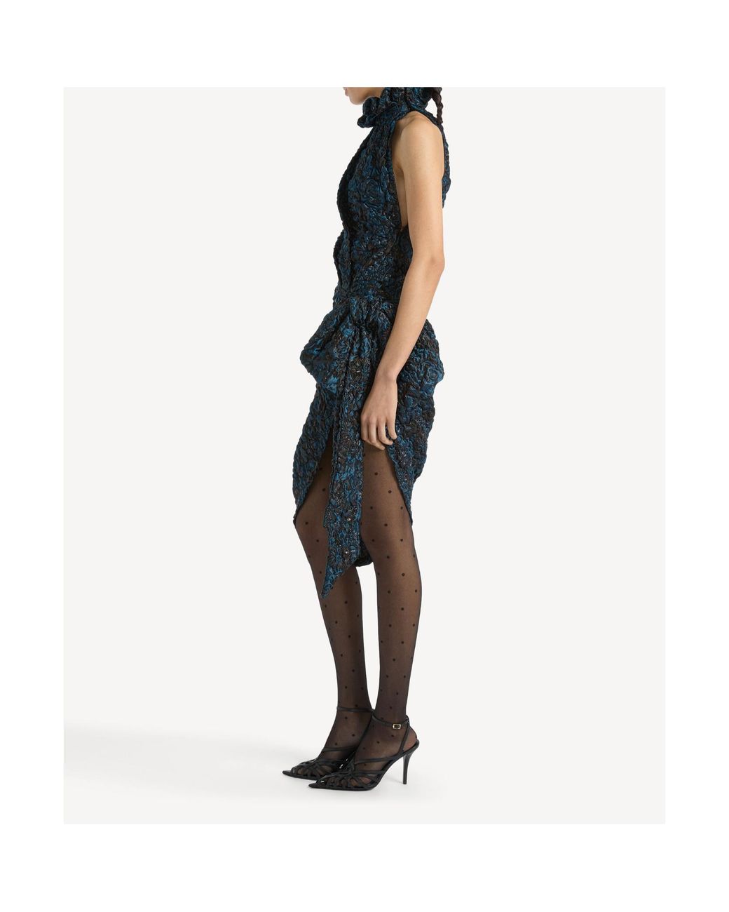 Balmain Blue Draped Cloqué Jacquard Dress