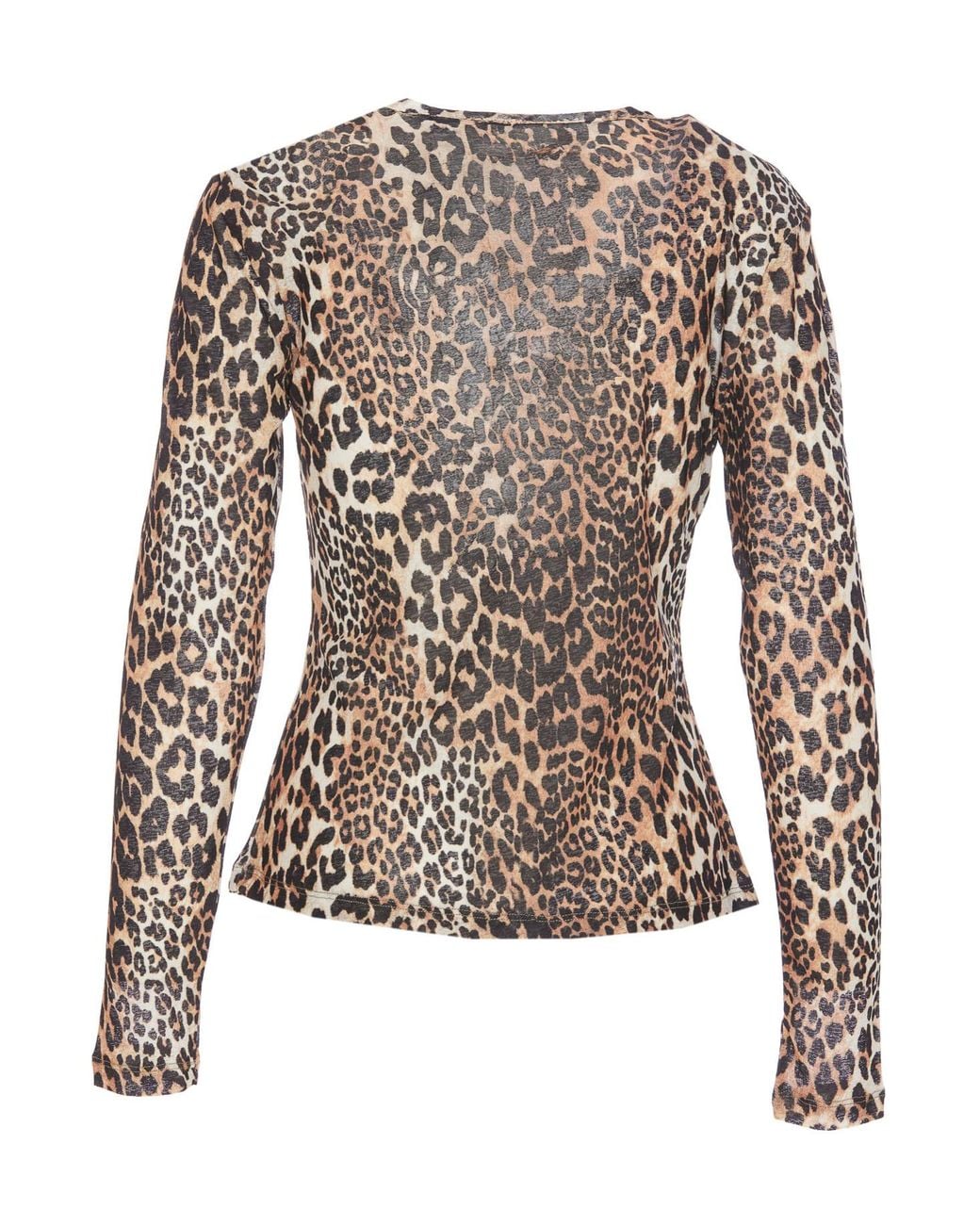Ganni Brown Leopard Printed Mesh Long-Sleeved Top