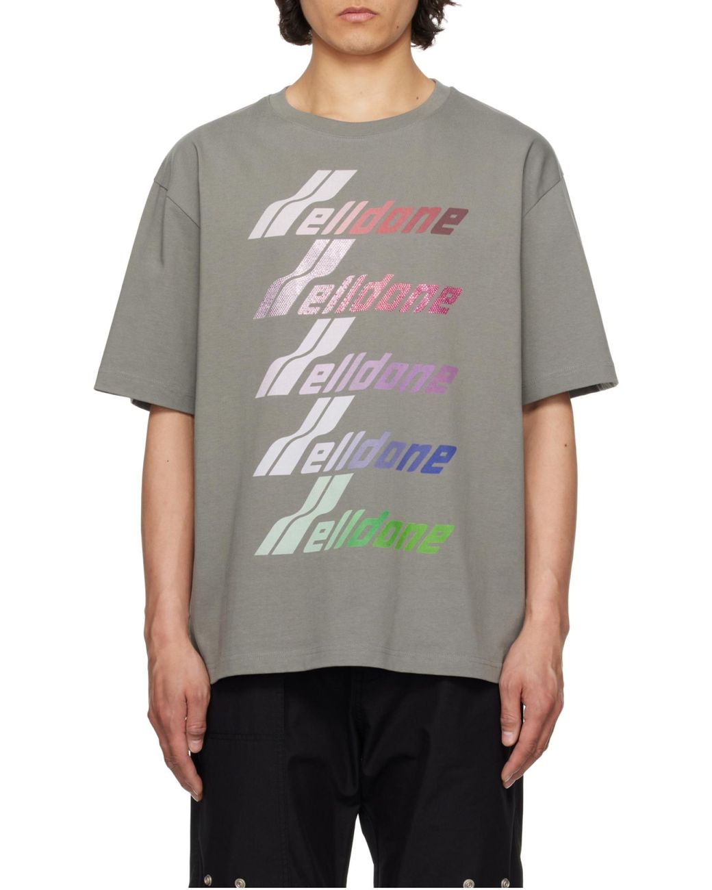 we11done Gray Multi Logo Print T-Shirt for men