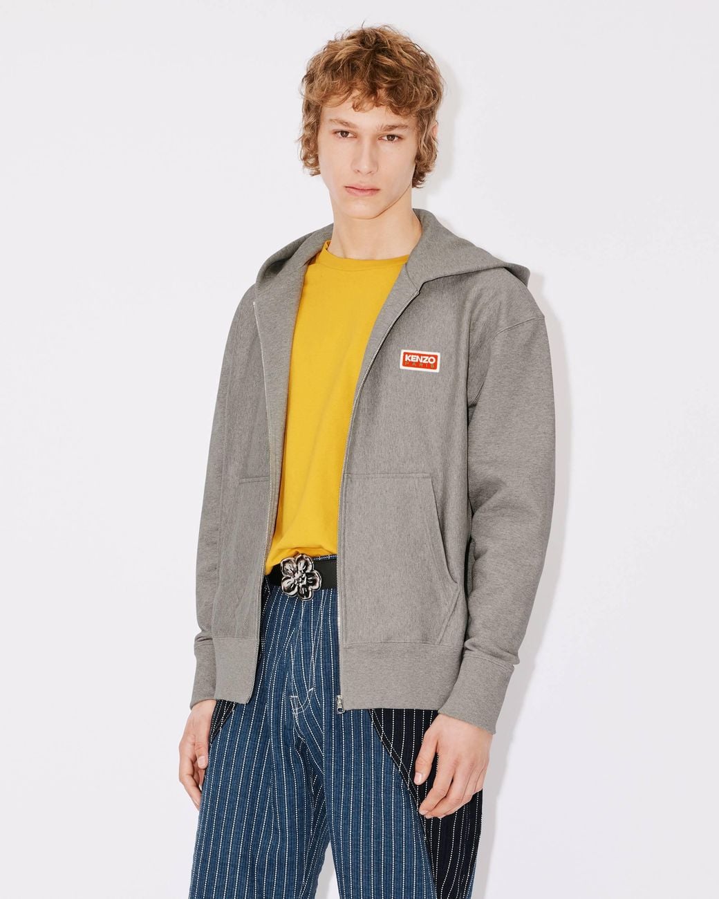 KENZO Gray Logo Embroidered Zip-Up Hoodie for men