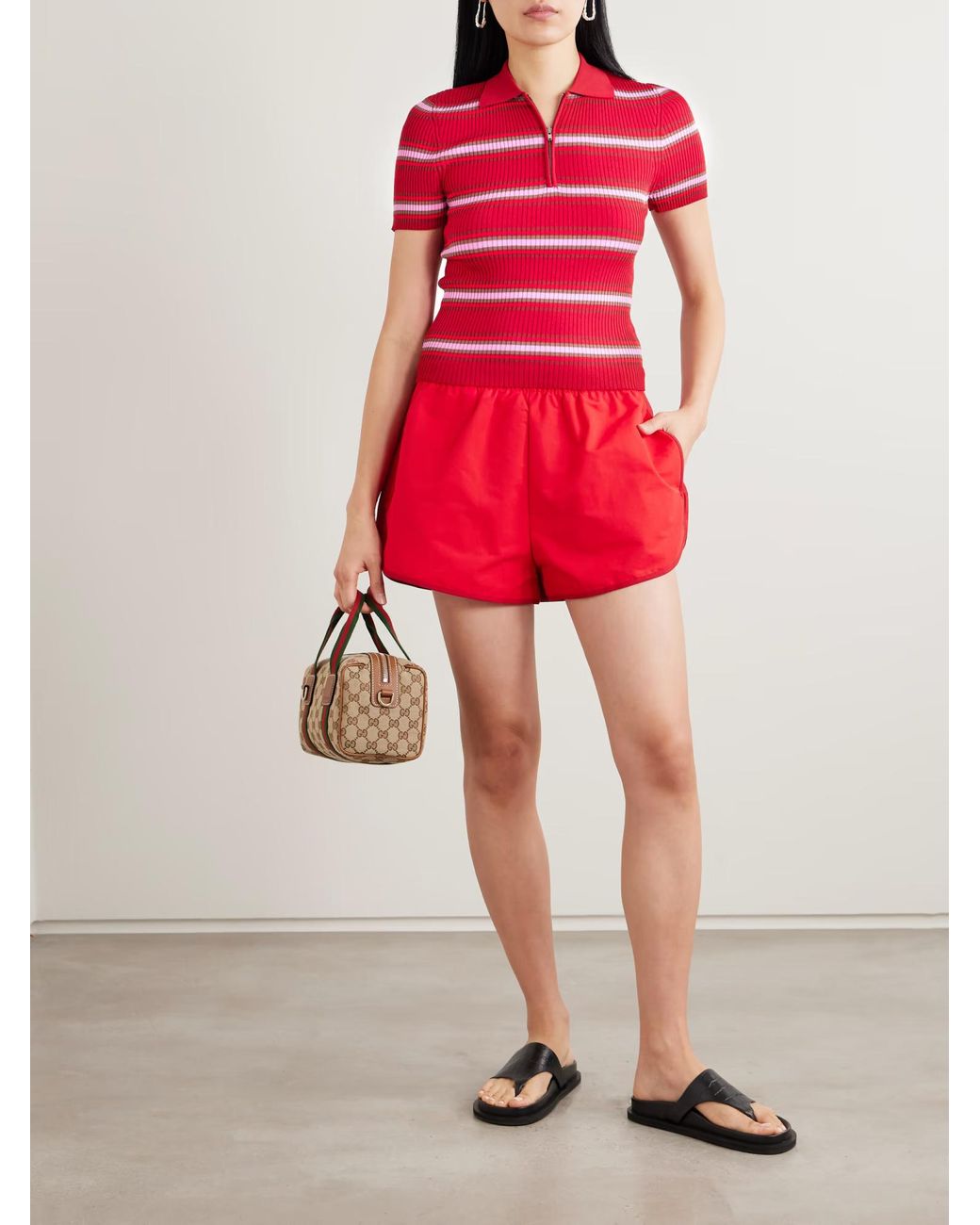 Staud Red Ren Striped Ribbed Knit Polo Shirt