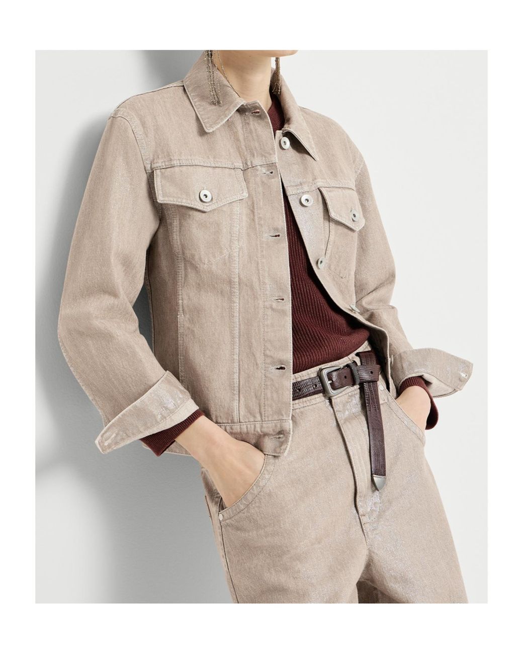 Brunello Cucinelli Natural Lamé Denim Four-Pocket Outerwear Jacket With Monili