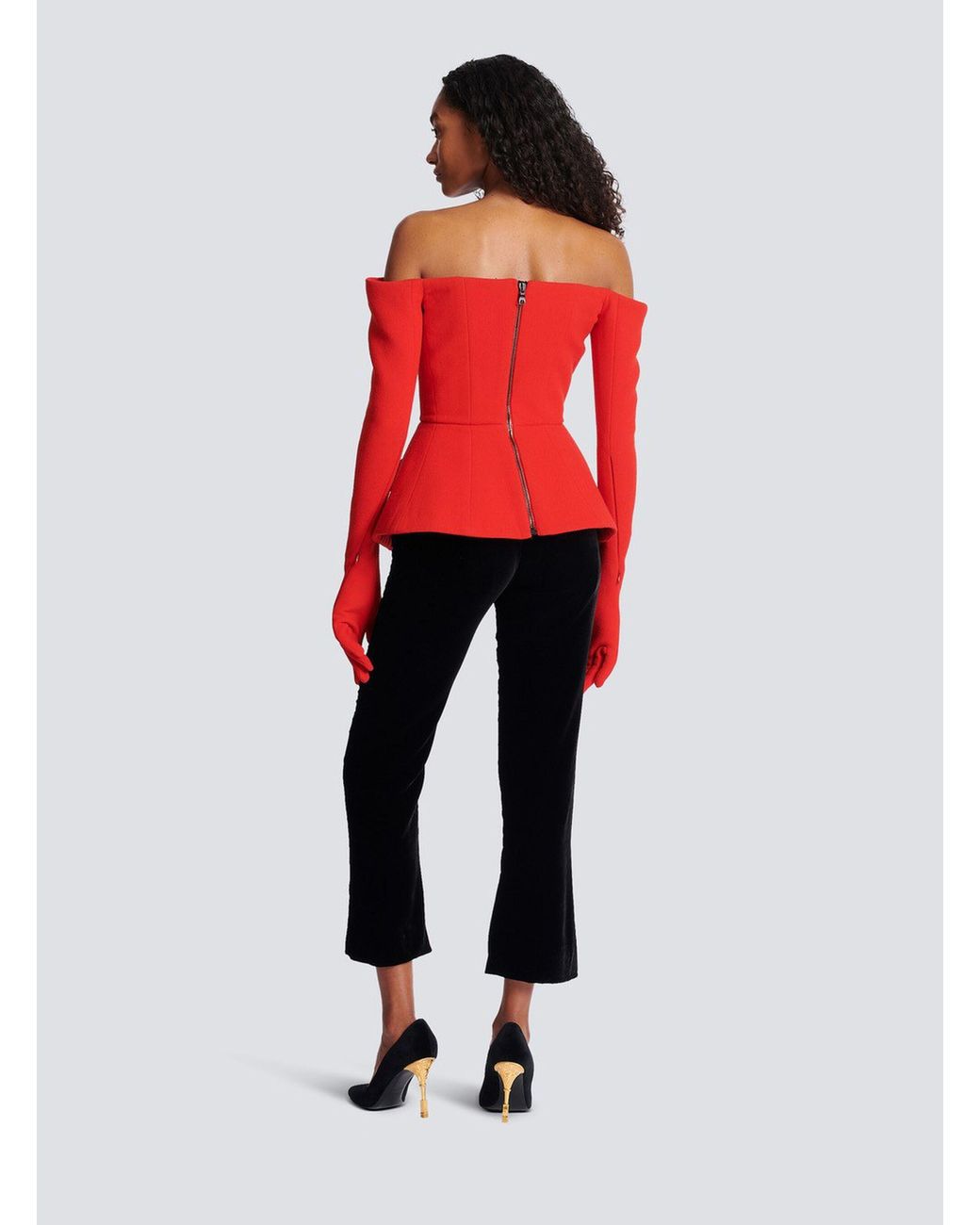 Balmain Red Off-The-Shoulder Peplum Top