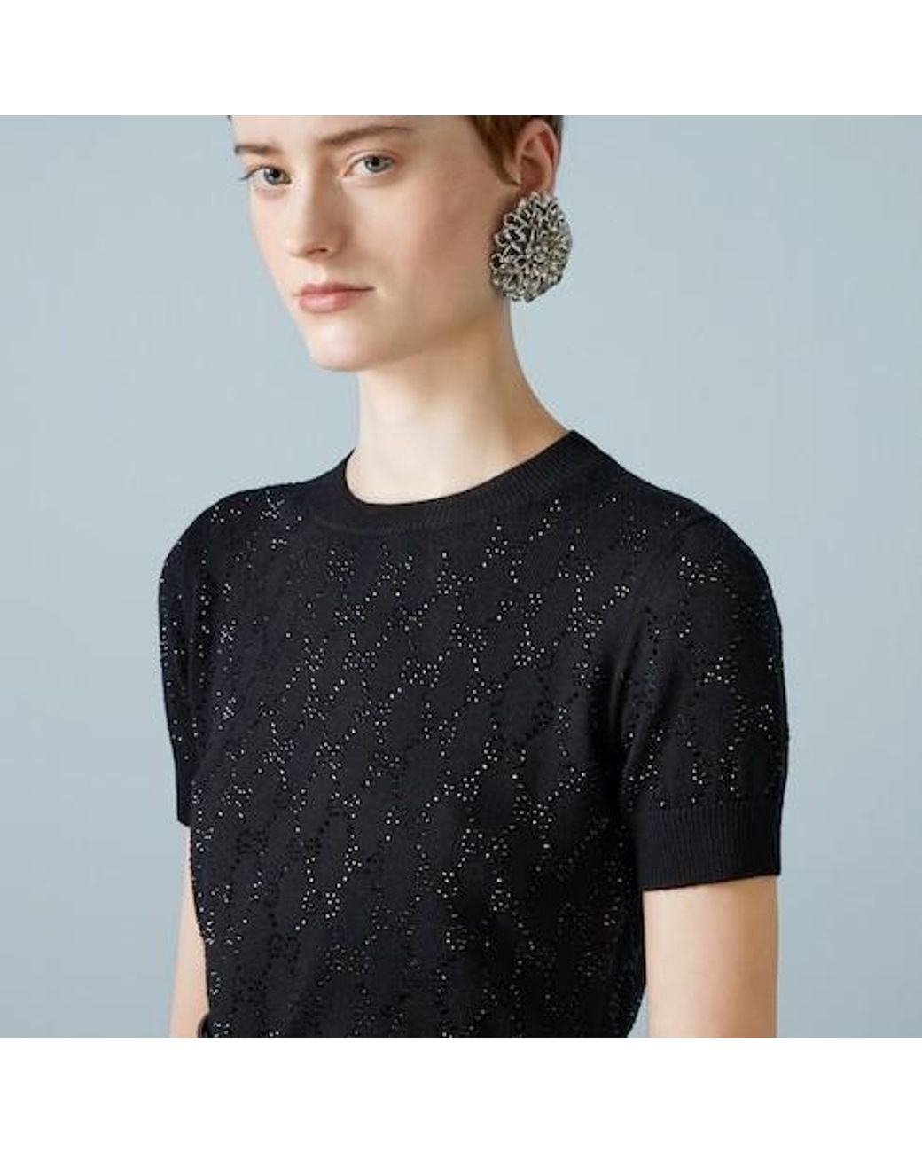 Gucci Black Fine Wool Gg Crystal Top