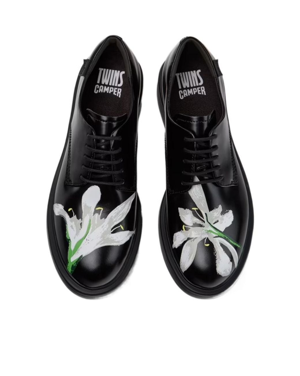Camper Black Twins Floral-Print Leather Derby Shoes