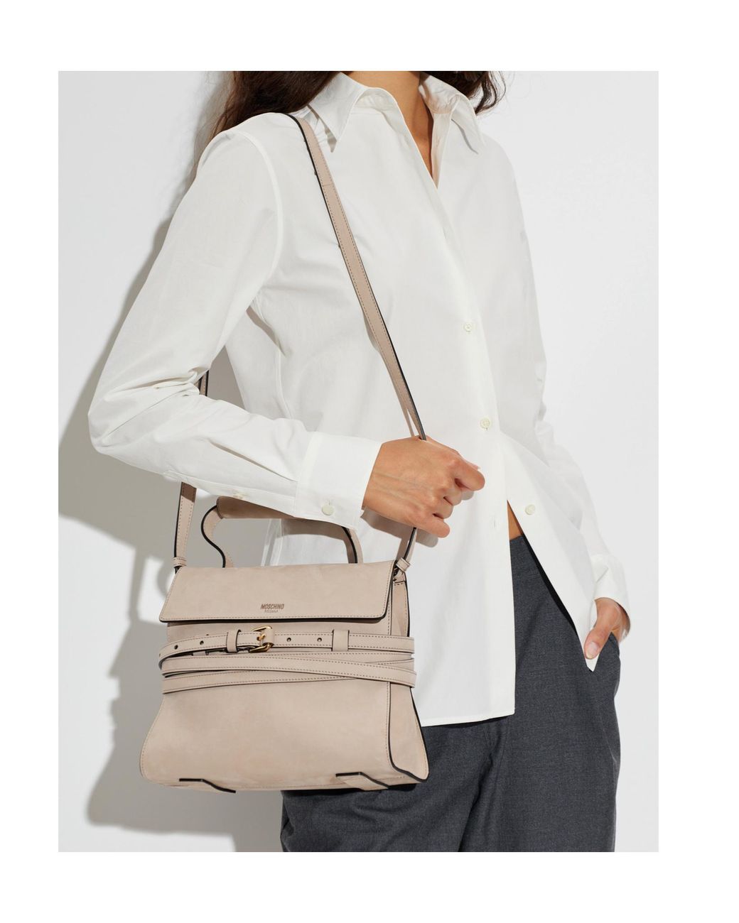 Moschino Natural Belt-Detail Leather Shoulder Bag