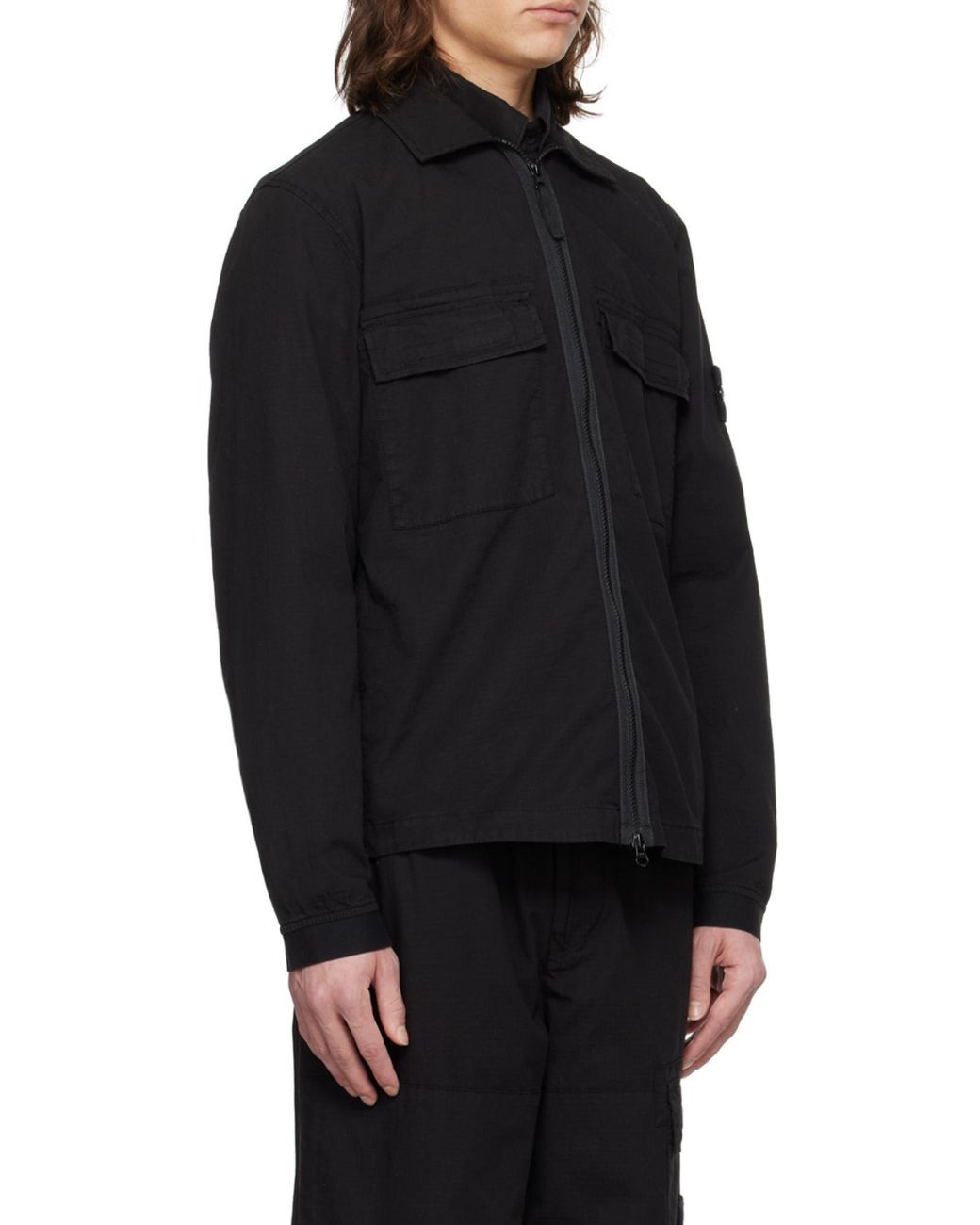 Stone Island Black Compass-Appliqué Zip-Up Shirt for men