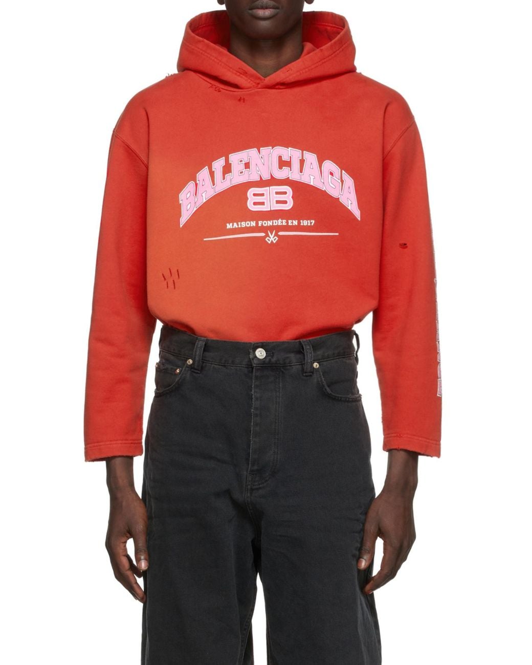Balenciaga Red Distressed Logo Printed Hoodie