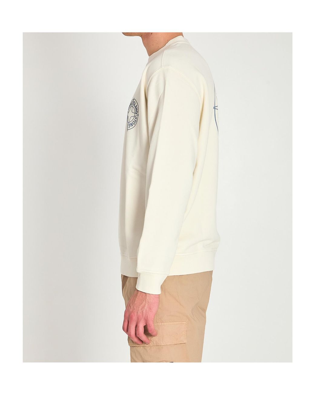 Stone Island White Long-Sleeved Crew Neck Sweatshirt for men