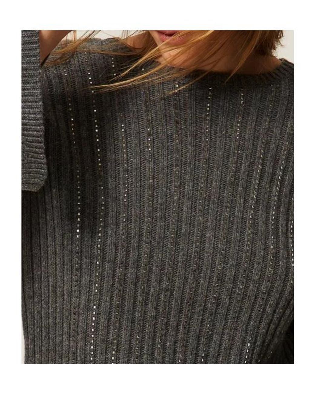 Twinset Gray Strass Ribbed Knitted Sweater