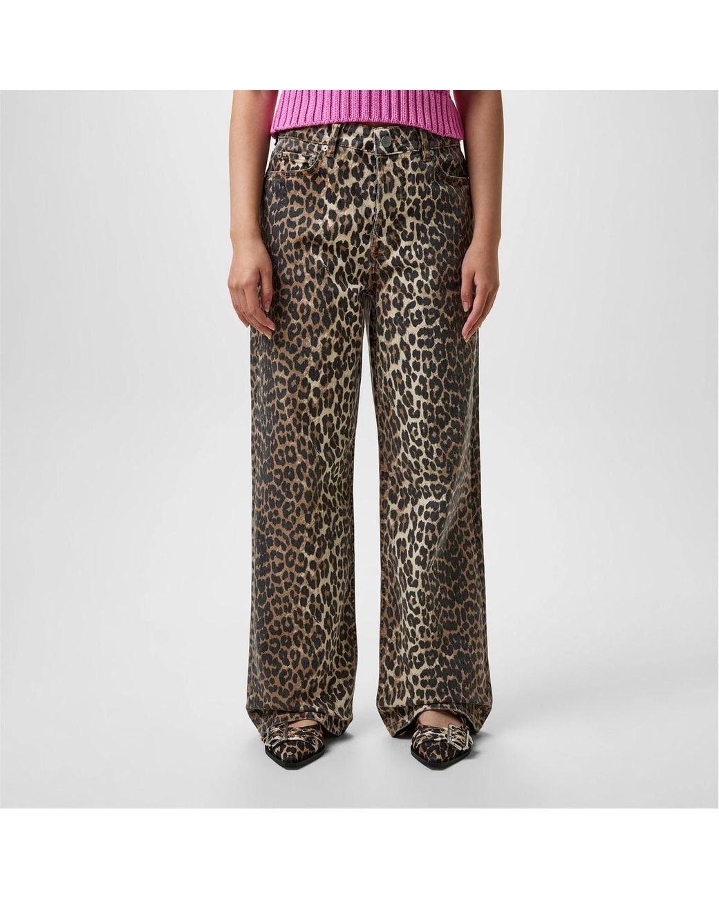 Ganni Black Leopard Print Denim Trousers