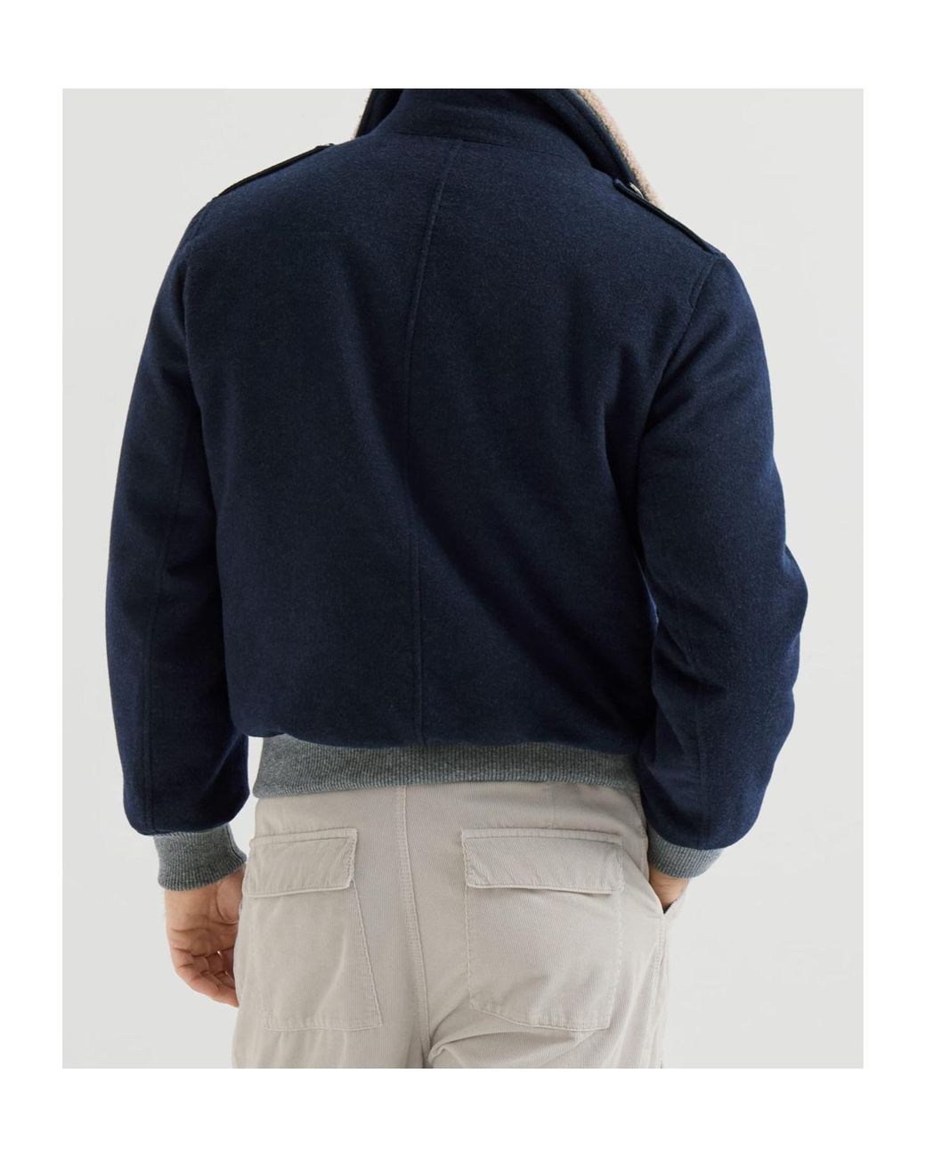 Brunello Cucinelli Blue Bonded Cashmere Beaver Cloth Bomber Jacket With Thermore Padding And Detachable Shearling Collar for men