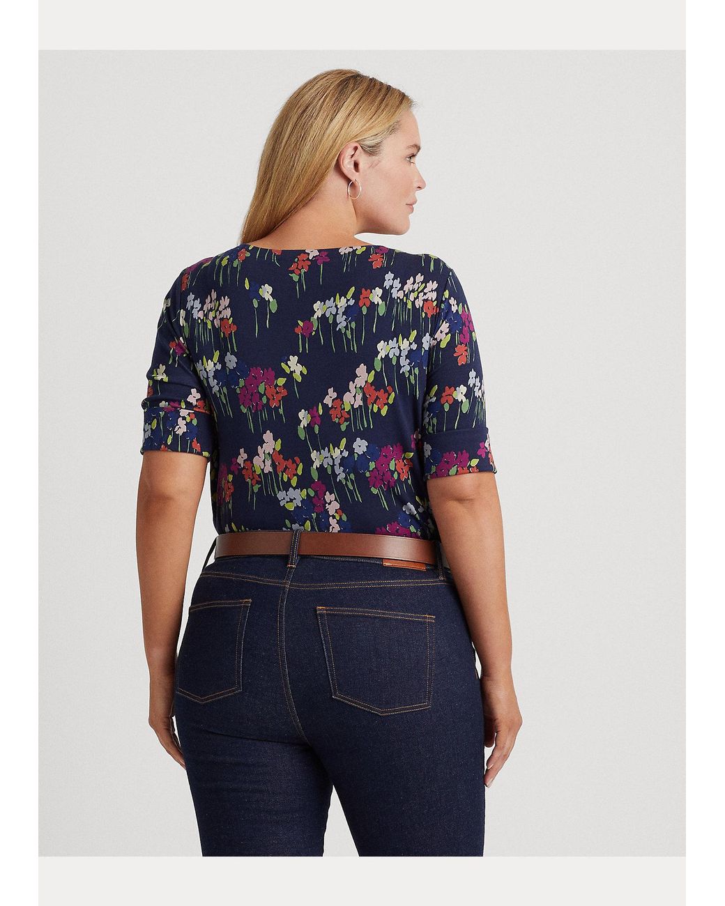 Ralph Lauren Blue Floral Boat-Neck Cotton T-Shirt