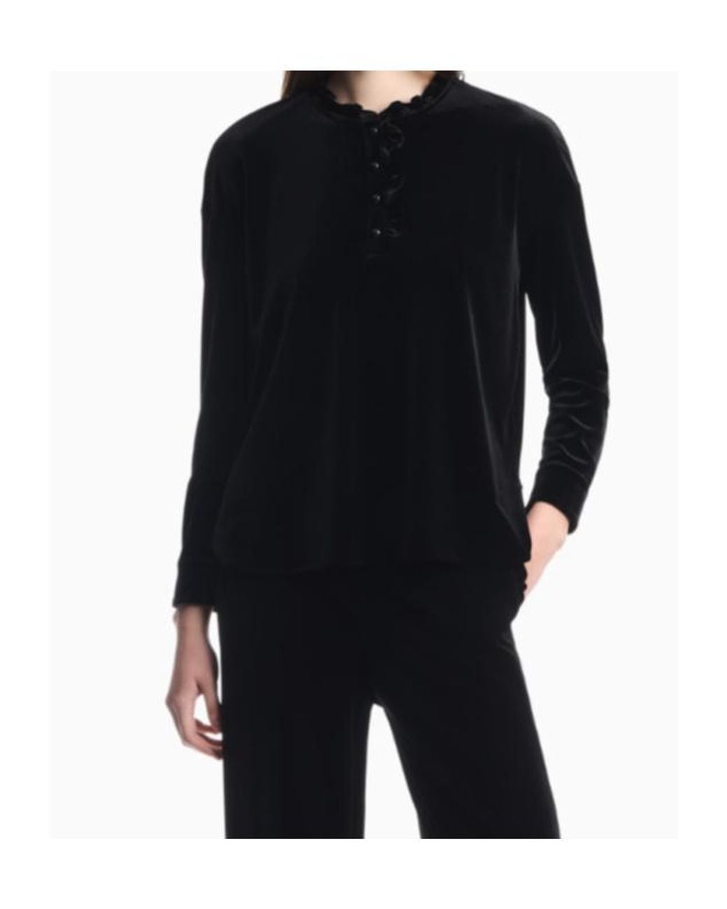 Emporio Armani Blue Chenille Jumper With Ruffled Neckline And Button Placket