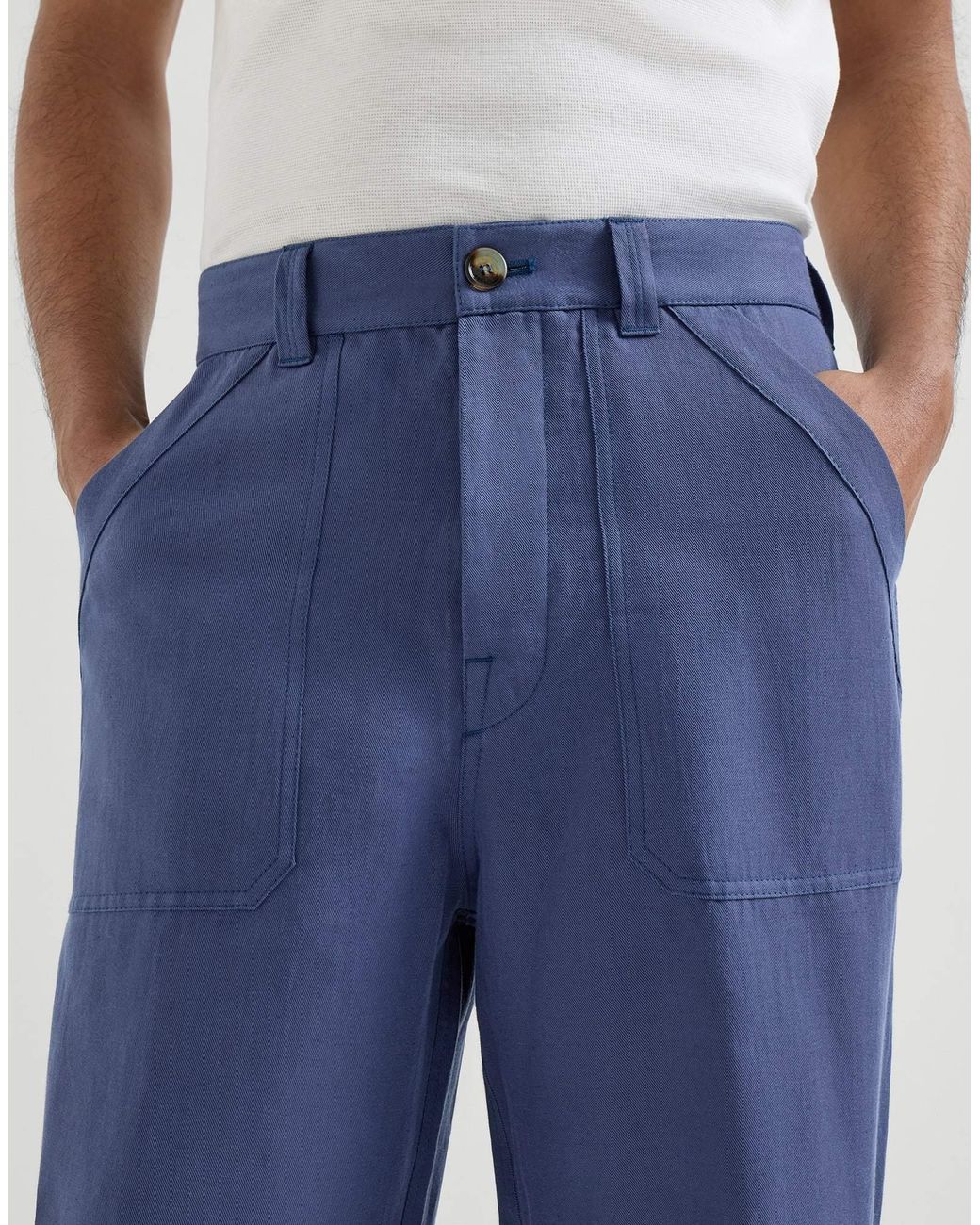 Brunello Cucinelli Blue Linen And Cotton Drill Trousers With Patch Pockets And Drawstring for men