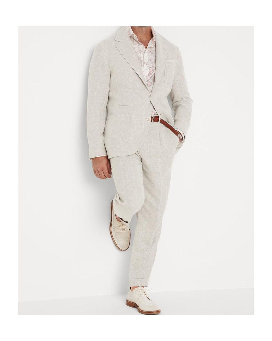 Brunello Cucinelli White Herringbone-Pattern Single-Breasted Suit for men