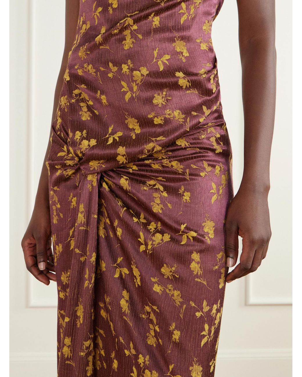 Dries Van Noten Brown Floral-Jacquard Knot-Detail Satin Midi Dress