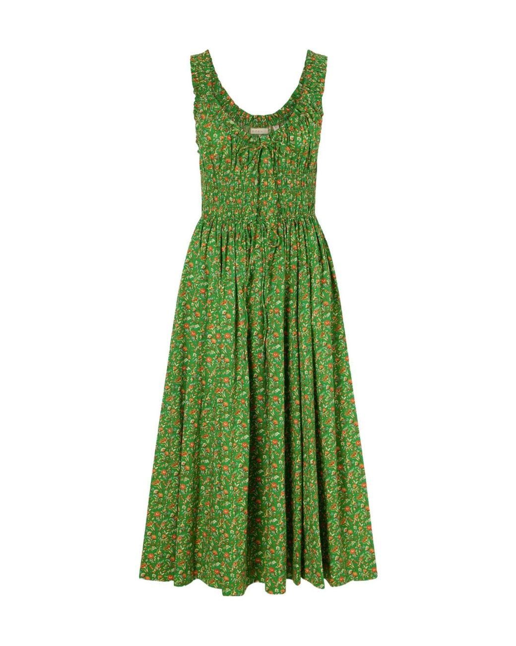 Doen Green Emmaretta Shirred Floral-Print Organic Cotton Midi Dress