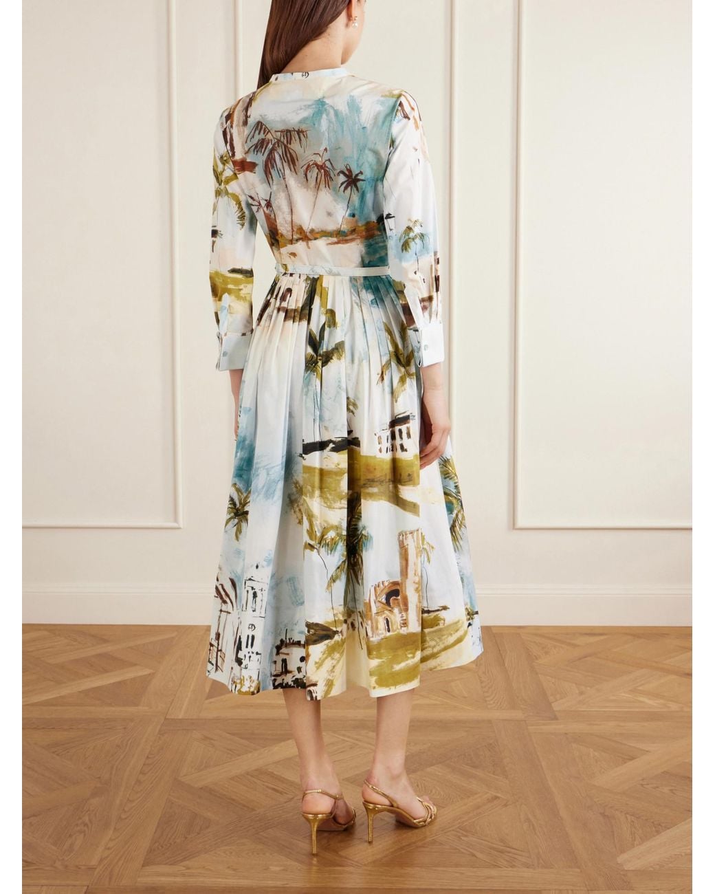 Oscar de la Renta White Belted Printed Cotton-Blend Midi Dress