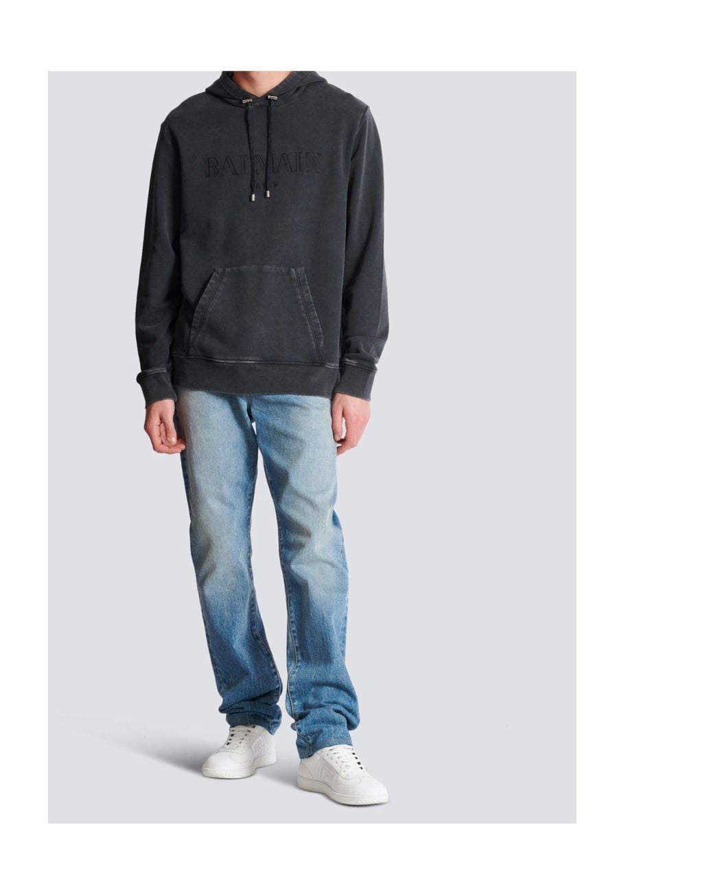 Balmain Black Logo Embroidered Vintage Drawstring Hoodie for men