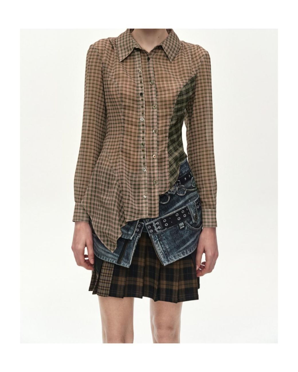 ANDERSSON BELL Brown Check-Pattern Asymmetric Shirt