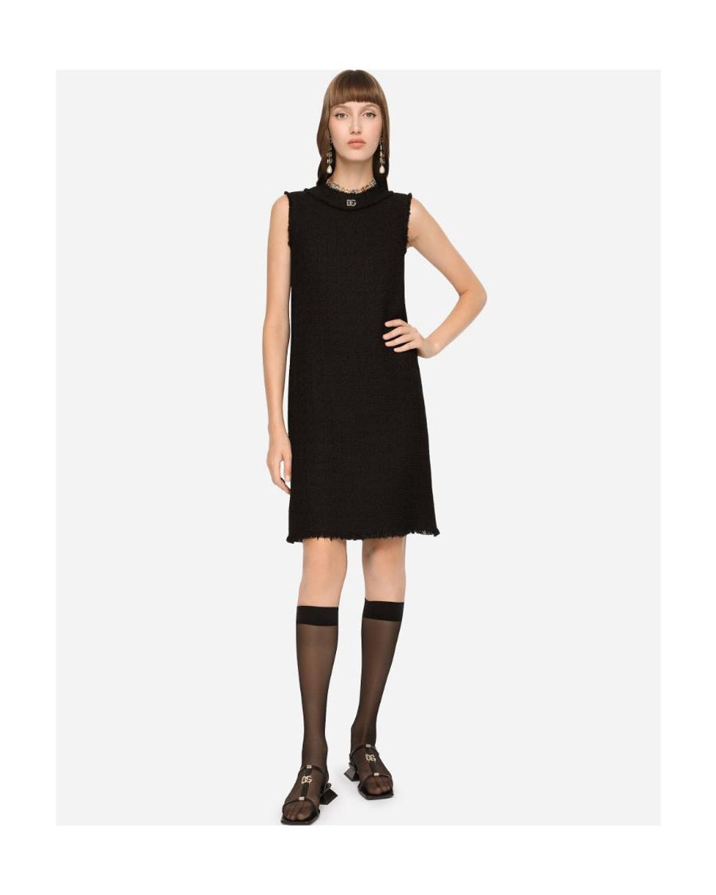 Dolce & Gabbana Black Dg Logo Raschel Tweed Calf-Length Dress