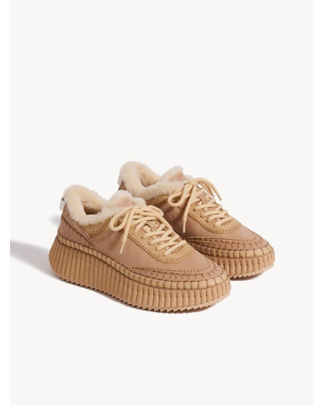 Chloé Natural Chloé Nama Shearling Low-Top Sneakers
