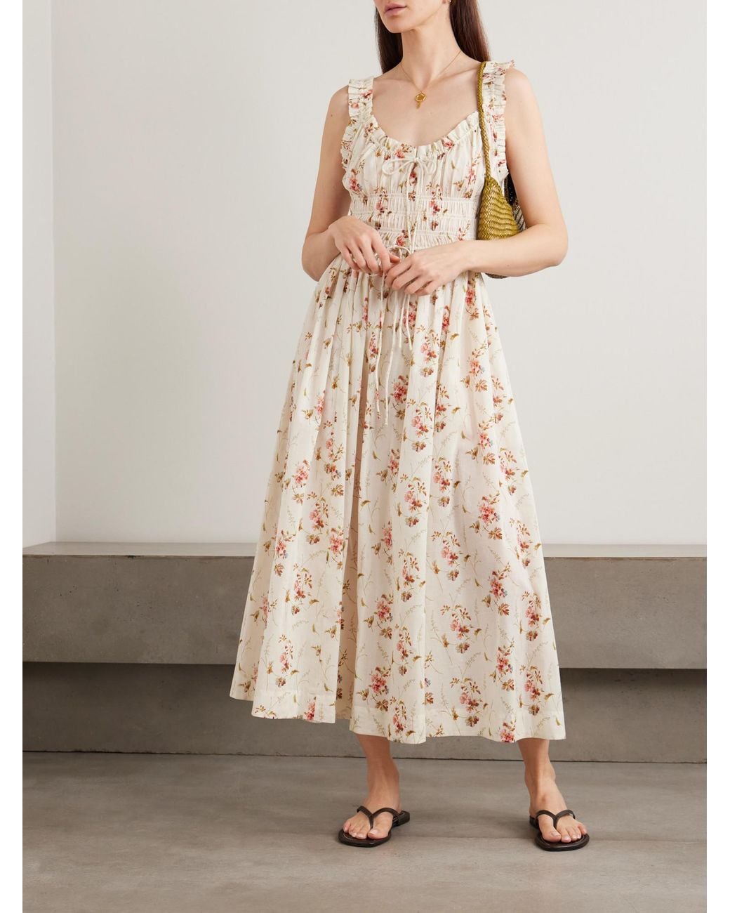 Doen Natural Tie-Detailed Shirred Floral-Print Organic Cotton Midi Dress